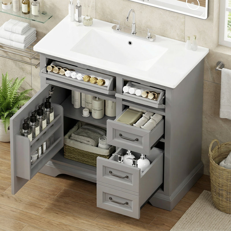 Meuble-lavabo simple 36 po avec lavabo en céramique 36 po, 2 tiroirs basculants, portes à fermeture en douceur, conception autoportante