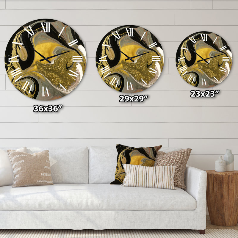 Or et noir marbré texture ondulée I - horloge murale moderne, Grand
