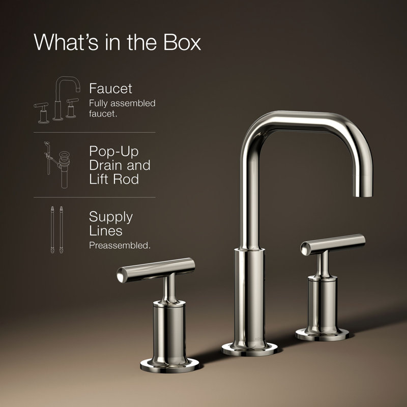 Purist® Widespread Faucet with Drain Assembly Low Lever Handles and Low Gooseneck Spout, Vibrant Polished Nickel