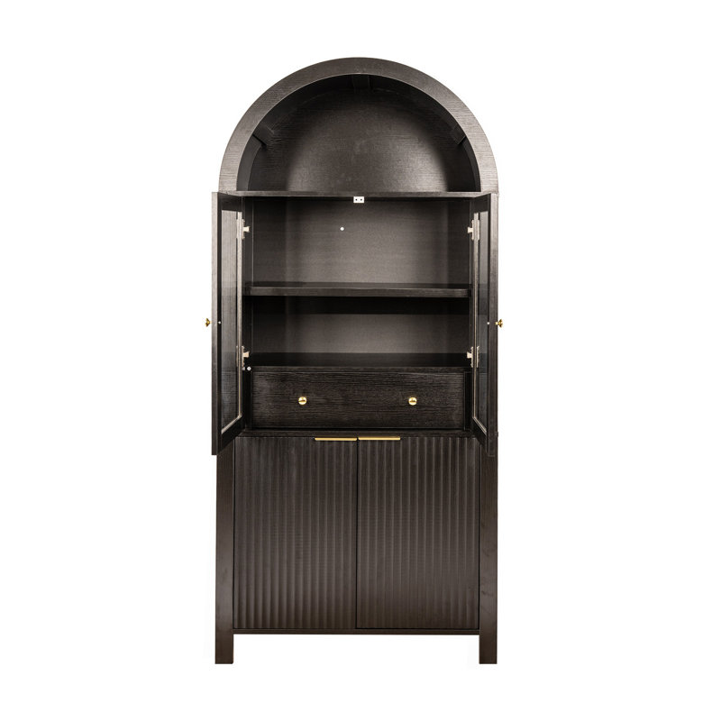 Grand garde-manger arqué cannelé de 71 po avec tablettes réglables, rangement élégant avec tiroir caché et porte vitrée pour la cuisine, le salon, la salle à manger, noir