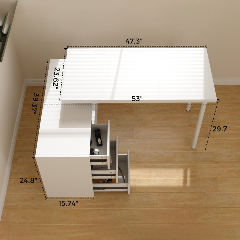 L Shaped Desk With Drawers, White/White