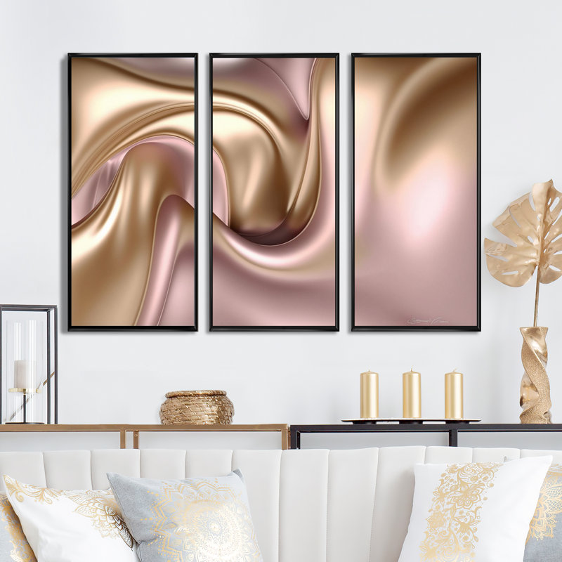 Or liquide lisse dans de douces nuances d'or et de taupe VI - 3 pièces sur toile, H 28 po x l 36 po x P 1 po