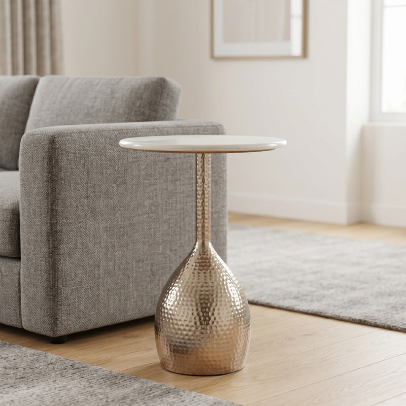 Modern Round Marble Top Side Table , Silver
