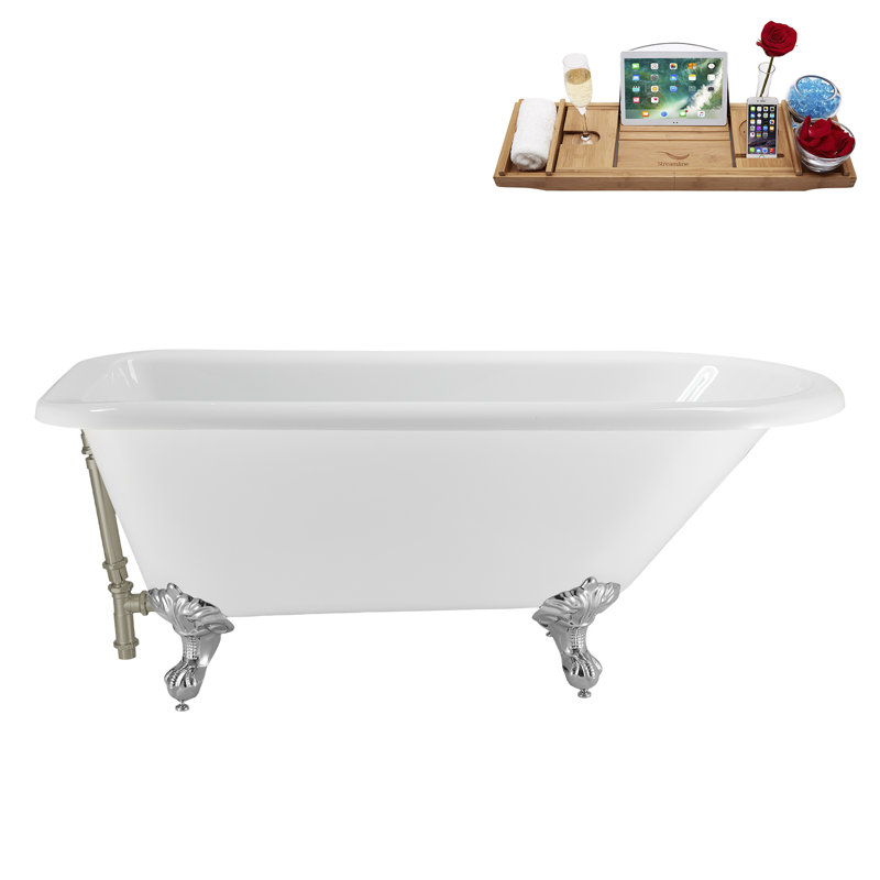 62" Streamline Clawfoot Tub,Tray,Drain, Clawfeet, Polished Chrome, Brushed Nickel