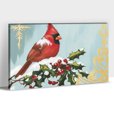 Grande affiche de toile de cardinal de Noël - affiche oiseau rouge sur une branche de houx, peinture décorative hivernale, impressions sur toile pour le salon, la chambre des Fêtes, 24 po x 36 po