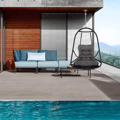 Fauteuil à œufs pivotant pliable avec support - Chaise suspendue en rotin d'osier intérieur / extérieur, support de type C, barrière de sécurité amovible, porte-gobelet, coussin / oreiller, capacité de 350 lb