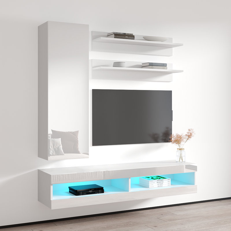 Lollis 63" Modern Floating Wall Mounted Entertainment Center with 16-Color LED Lighting, High Gloss Finish, White