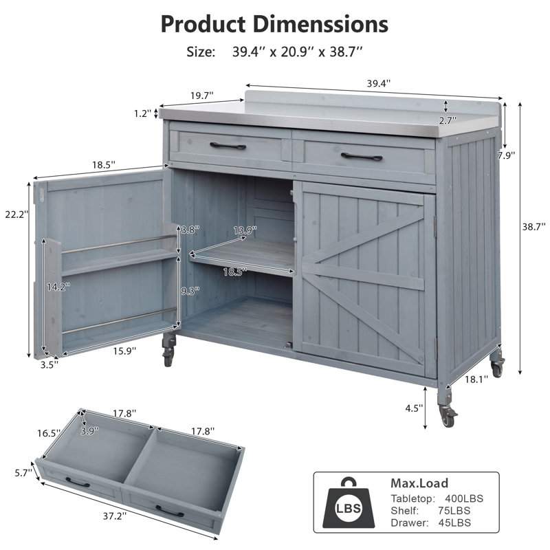 38.7''H 2 Piece Outdoor Kitchen Island Modular Solid Wood Set Bar Cart With Stainless Steel Top, Gray