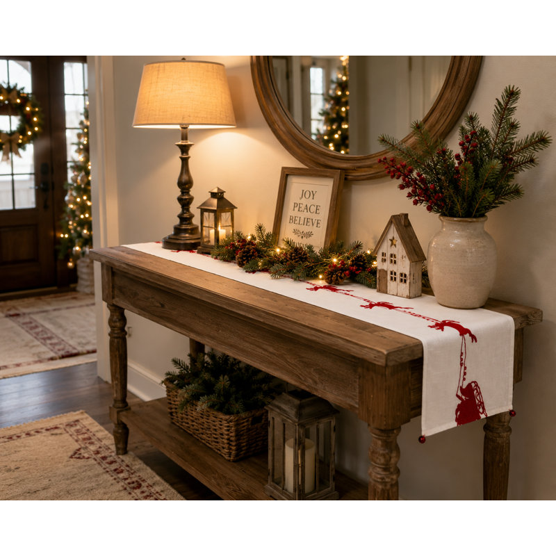 Chemin de table à broderie flora avec cloches et rennes, L 72 po x l 16 po