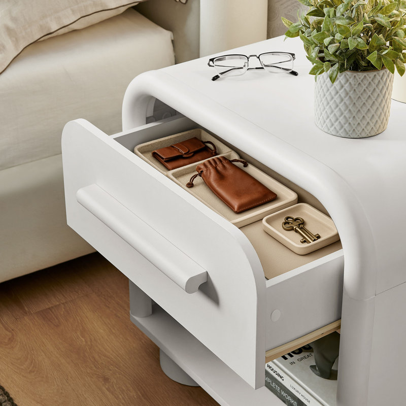 Rayshawn Curved 1-Drawer Nightstand in White Matte, White Matte