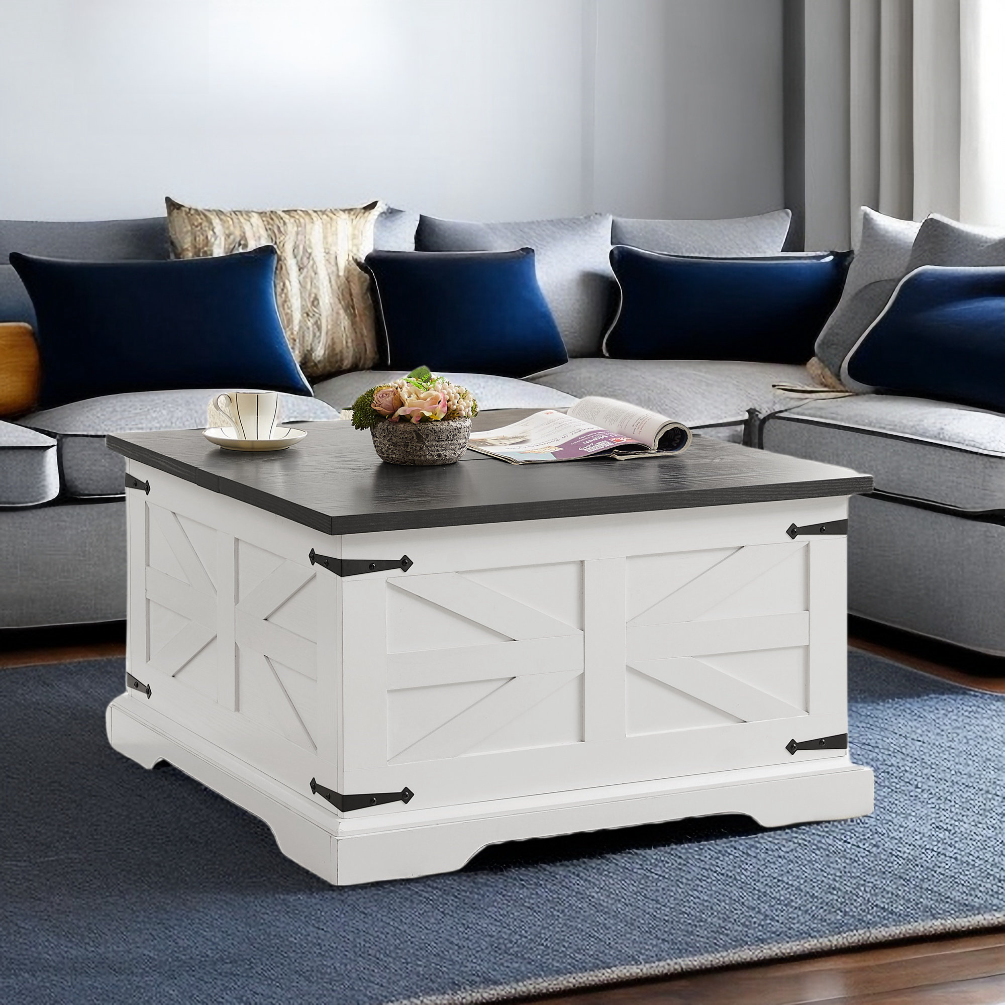 August Grove® Maci Farmhouse Square Coffee Table with Hidden Storage ...