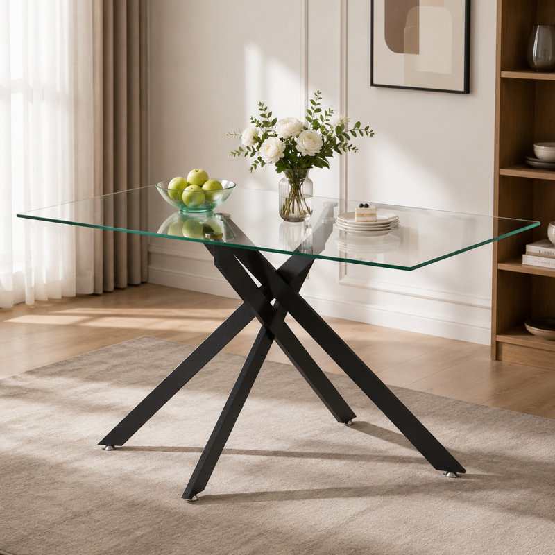Table de salle à manger rectangulaire en verre trempé de 130 cm (51,18 po), table de cuisine moderne avec pieds en métal pour salle à manger et salon