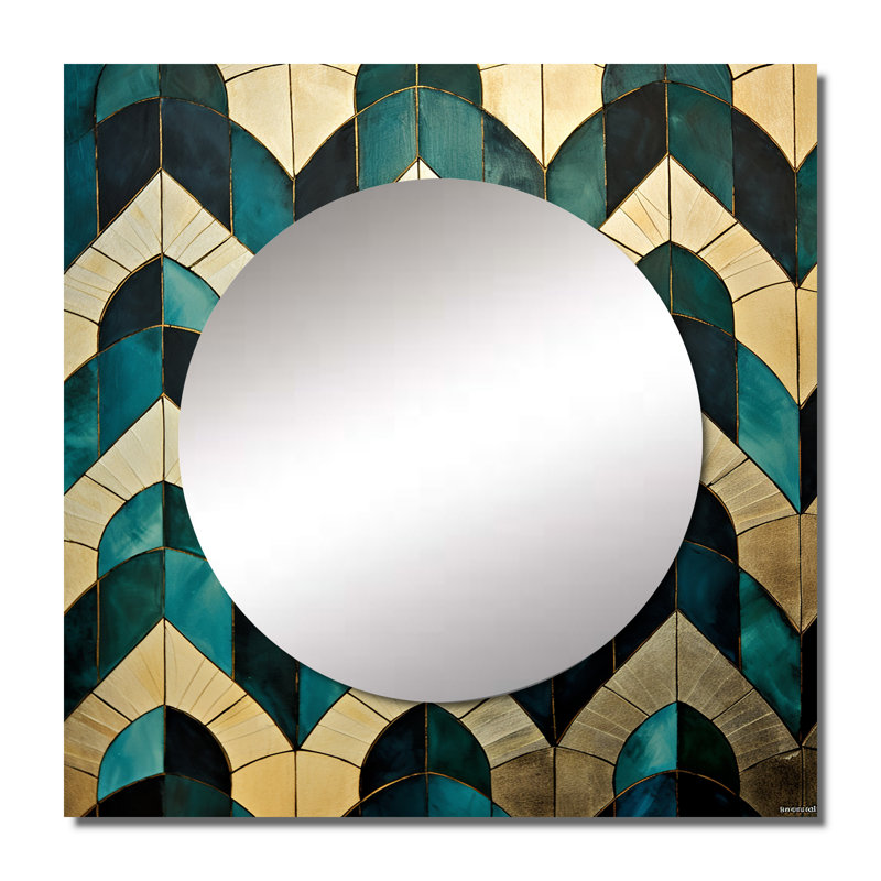 Hallei - Emerald And Golden Arches II Abstract Shapes Large Square Mirror For Wall Art Decor, 23" x 23"