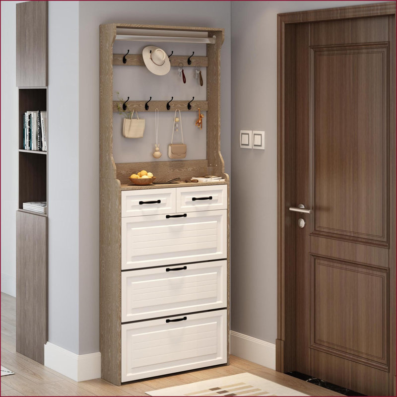 Shoe Cabinets with 3 Drop-Down Doors, 2 Drawers &amp; Hangers, Spacious Storage | Off-White | Hallway