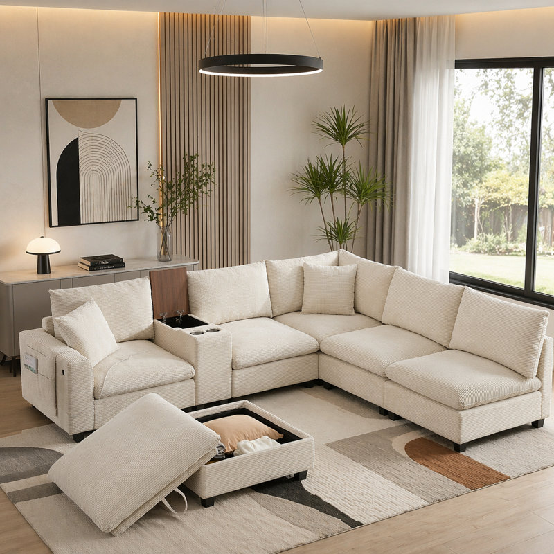 Canapé modulaire en forme de U 139 po avec console de rangement, charge USB, porte-gobelets, repose-pieds de rangement mobile et larges sièges en velours côtelé de 139 po
