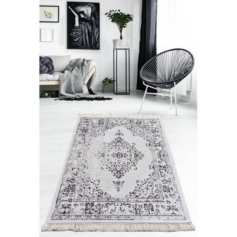 Tapis rectangulaire gris / noir en velours / polyester fabriqué à la machine Pollux, Rectangle 4 pi 7 po x 6 pi 3 po