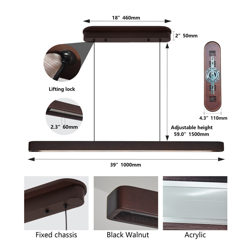 Luminaire suspendu linéaire en bois de noyer de 39 po, lustre moderne réglable pour salle à manger et îlot de cuisine