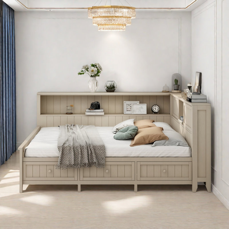 Lit de jour en bois avec tablettes de rangement, portes coulissantes et 3 tiroirs, Complet/Double