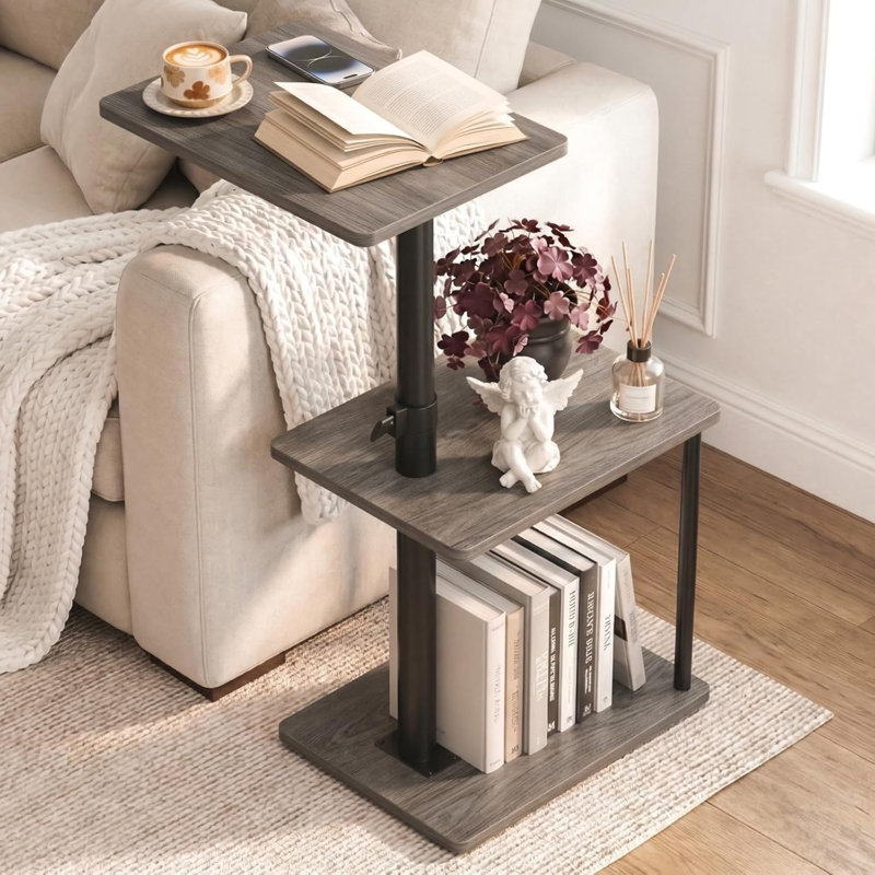 Table de bout pivotante à 360 ° à hauteur réglable, plateau télé à 3 niveaux pour petits espaces, salon, chambre à coucher, brun rustique