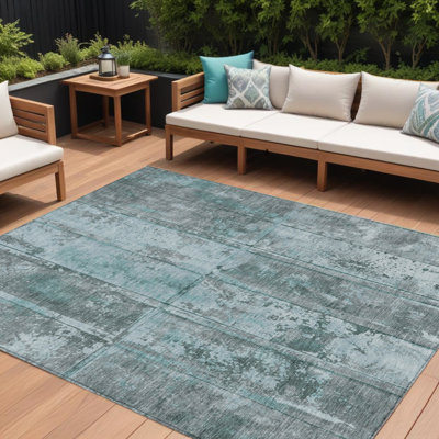 Tapis d'extérieur lavable abstrait gris anthracite et gris 8 pi x 10 pi bleu sarcelle