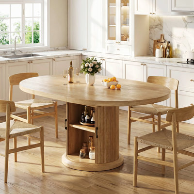 Table de salle à manger extensible ronde de 47 à 63 po pour 4 à 8 personnes, base piédestal avec tablette de rangement à 2 niveaux anti-poussière, table de salle à manger en bois peu encombrante