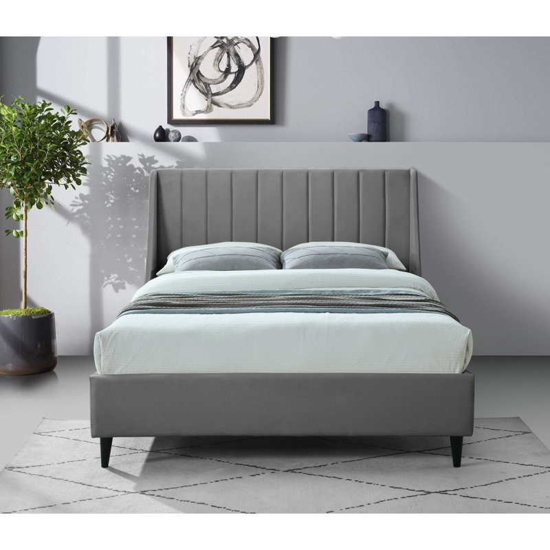 Eva Upholstered Low Profile Platform Bed, Queen, Grey Velvet