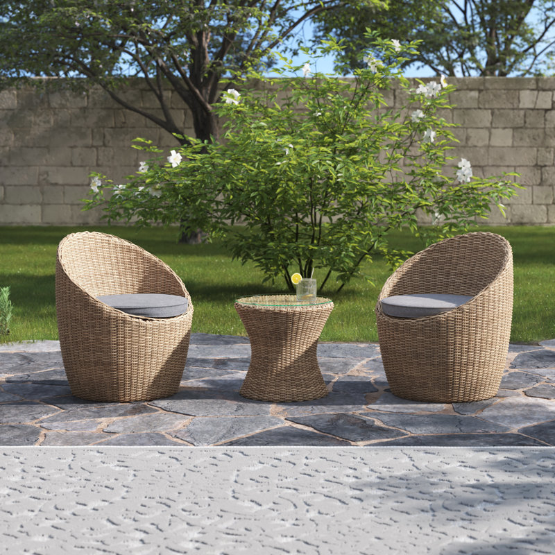 Jakeem Modern Style All-Weather Wicker Outdoor Set, 2 Chairs With Cushions and 18"H Cocktail Table