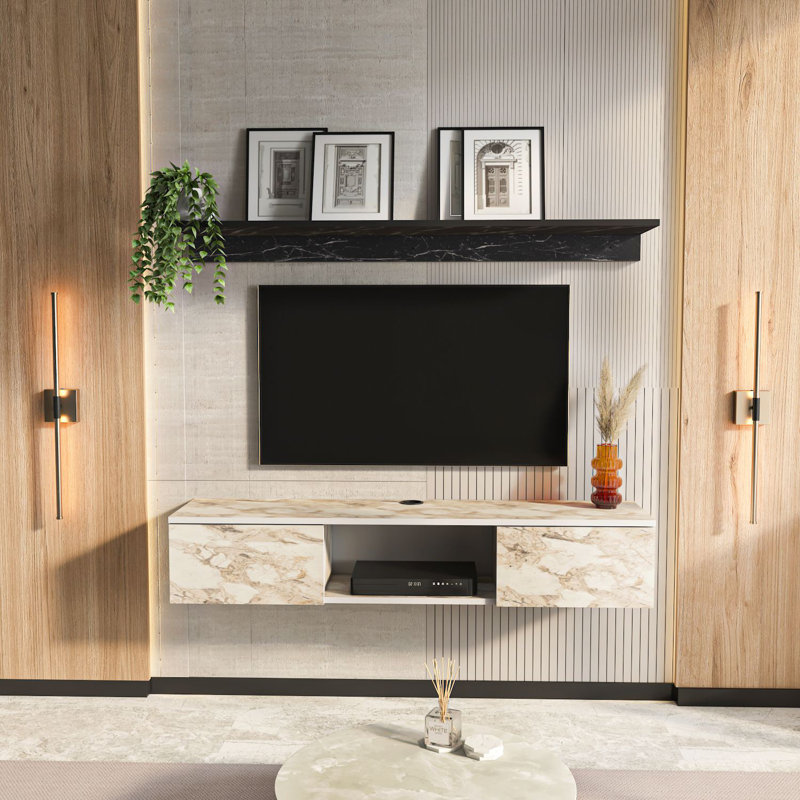Meuble télé Bruce 55,1 po x 10,1 po x 12,6 po Bruce | 100% panneau de particules enduit de mélamine, épaisseur: 0,7 pouce | Concept élégant en marbre, parfait pour le salon et les espaces de divertissement, design durable et élégant