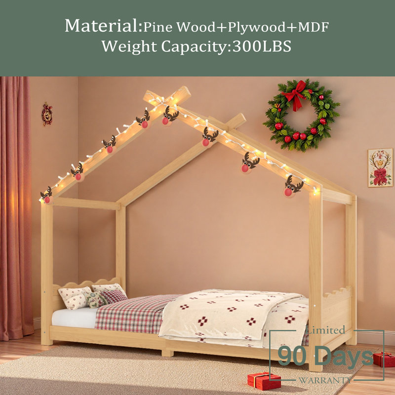 Lit de maison avec lattes de soutien, cadre de lit de maison en bois massif pour enfants, pas de sommier tapissier et structure d'ouverture