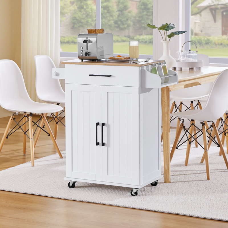 Kissinger 36″ H Rolling Kitchen Island with Solid Wood Top, Spice Rack Storage & Towel Rack, White