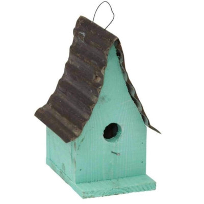 Red Rustic Cottage Wren Birdhouse, Reclaimed Wood Bird House with Corrugated Metal Roof, Handcrafted Outdoor Garden Decor