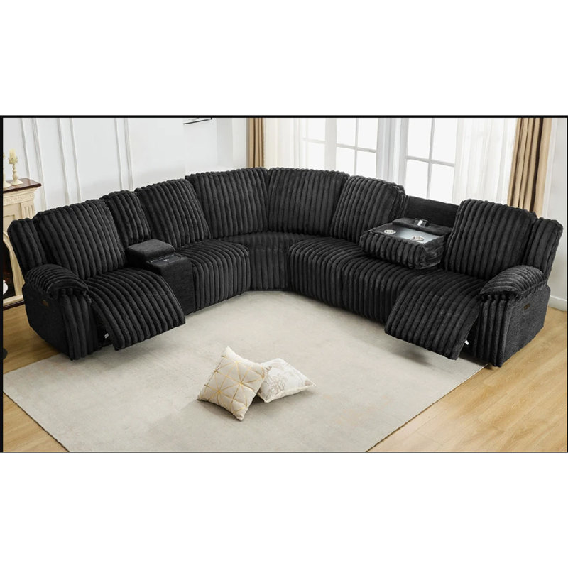 Canapé modulaire inclinable électrique en fausse fourrure 3 pièces avec chargement sans fil USB, Similifourrure noire