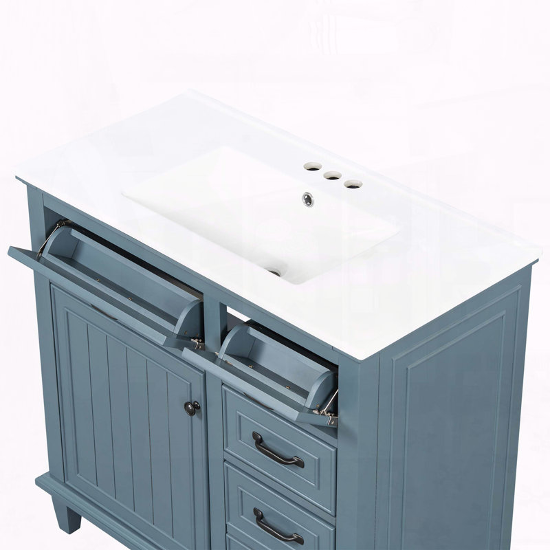 Meuble-lavabo moderne de 36 pouces avec lavabo en céramique et tiroirs rabattables, Blue Gray