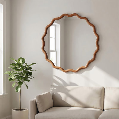 Miroir décoratif rond en bois massif ondulé brun jaunâtre de 24 pouces, pour la chambre à coucher, la salle de bain, le salon, le vestibule