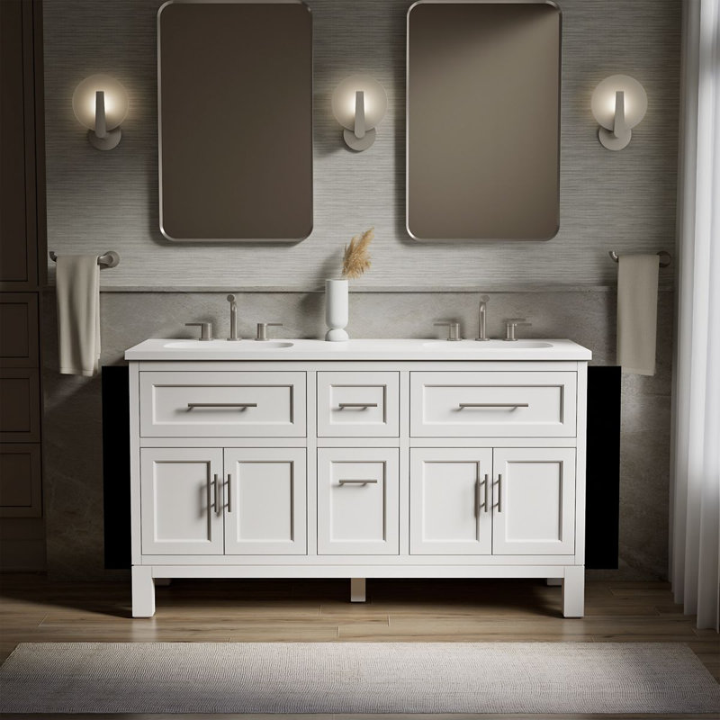 Meuble-lavabo mural simple avec plateau en bois massif Quo, Blanc, 61"