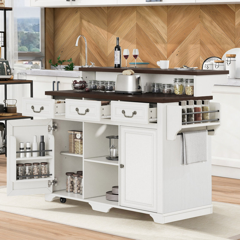 Farmhouse 53.2" Kitchen Island With Power Outlet, Rolling Island Table, Bar Cabinet With Storage 4 Door Shelves And 3 Drawers