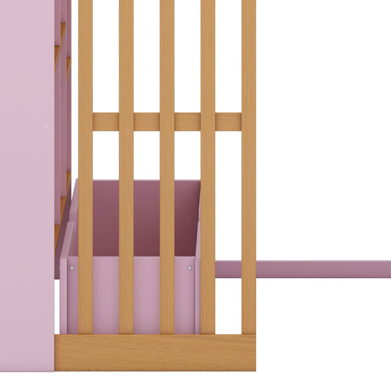 Lit mezzanine avec échelle, tablettes de rangement et tablettes ouvertes, Rose et chêne naturel