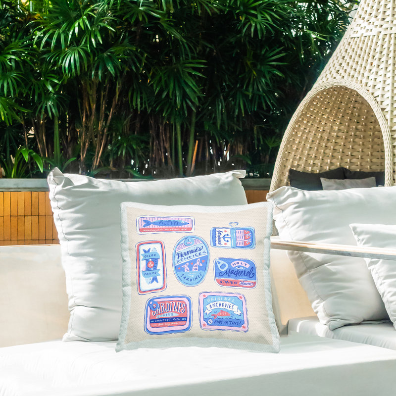 Various Canned Fish Seafood Outdoor Printed Pillow design by Krissy Mast