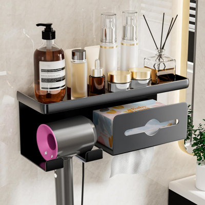 Hair Dryer Holder, 3-In-1 Hair Tool Organizer Wall Mounted, Multifunctional Blow Dryer Holder With Shelf And Dryer Sheet Holder For Bathroom, Salon, B -  Rebrilliant, FD25BD99983A49E08B3CCF44A6477AE4