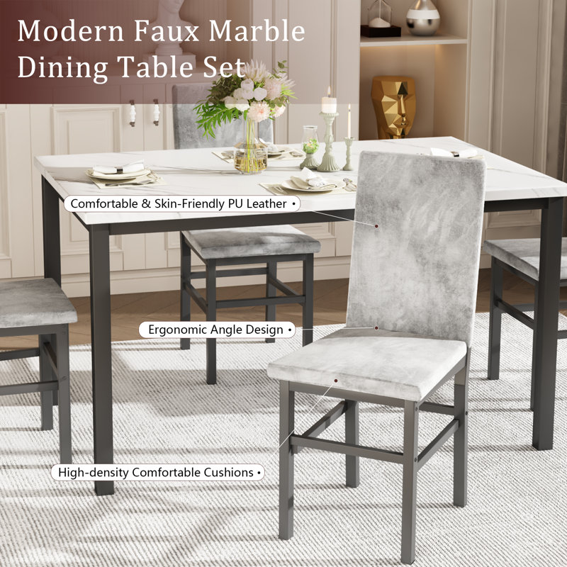 5-piece Faux Marble Dining Set,4 Upholstered Pu Chairs, Modern Kitchen Table Furniture For Dining Room,compact Space-saving Faux Marble Tabletop