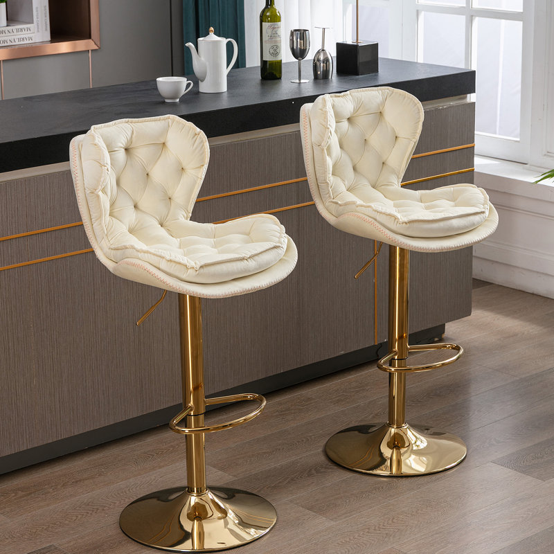 Ensemble de 2 tabourets de bar, avec repose-pieds chromé et base pivotante réglable en hauteur, Crème