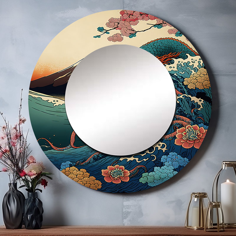 Okema Japanese Landscape With Lezard - Japan Large Mirror, Traditional Round Decorative Wall Mirror, Printed Metal Art