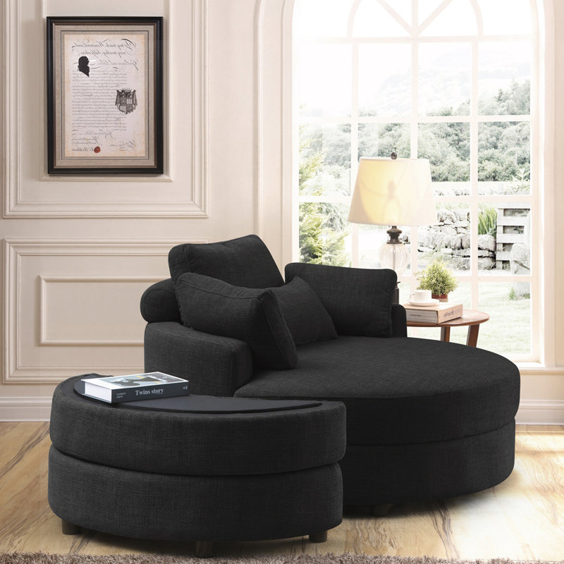Dashton Upholstered Barrel Chair with Ottoman, Black Linen