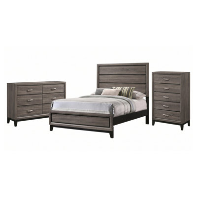 Ensemble de chambre à coucher 3 pièces Sutter en chêne gris comprenant un lit à panneaux, une commode et un coffre.
