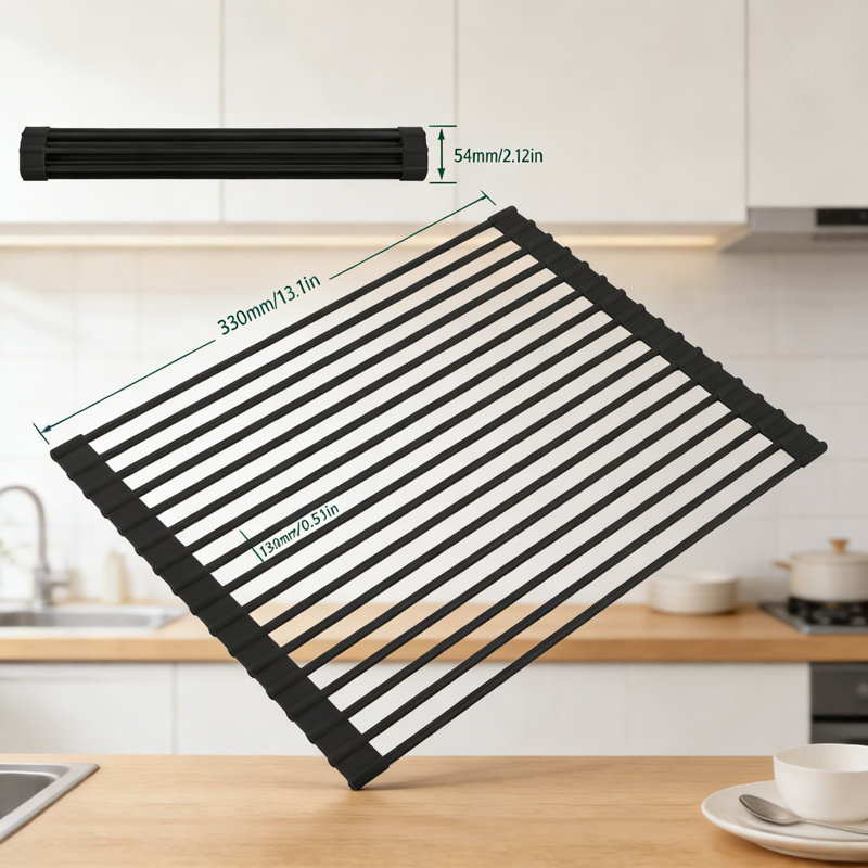 Silicone Over The Sink Dish Drying Rack - Foldable & Heat-Resistant Drying Mat, Anti-Slip Drainer Board For Kitchen Countertop, Space-Saving Storage