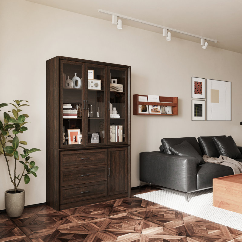 80'' H X 47.4'' W 3-Drawer Display Bookcase With Glass Doors, Brown