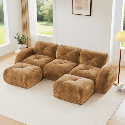 Sofa With Tufted Design, High-Density Sponge, And Movable Ottomans For Home, Office