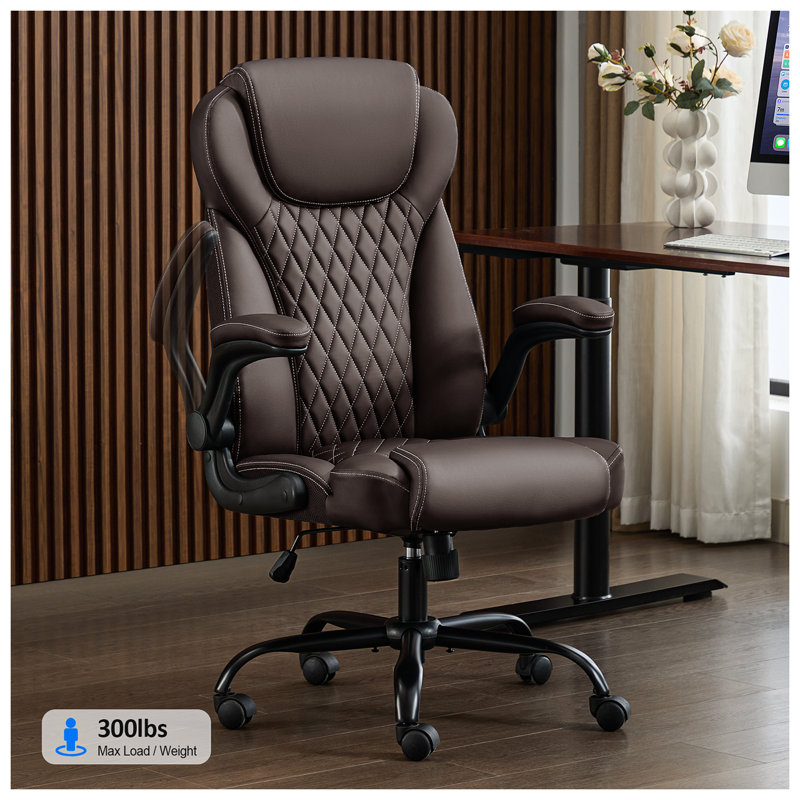 Ergonomic Computer Desk Chair With Adjustable Flip-up Arms, Lumbar Support Swivel Task Chair With Rocking Function, Brown