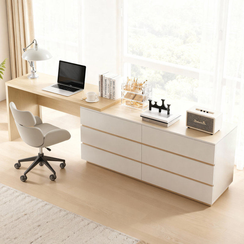 Bureau d'ordinateur en L 97,6 po avec commode extensible avec tiroirs de rangement, Chêne / ivoire