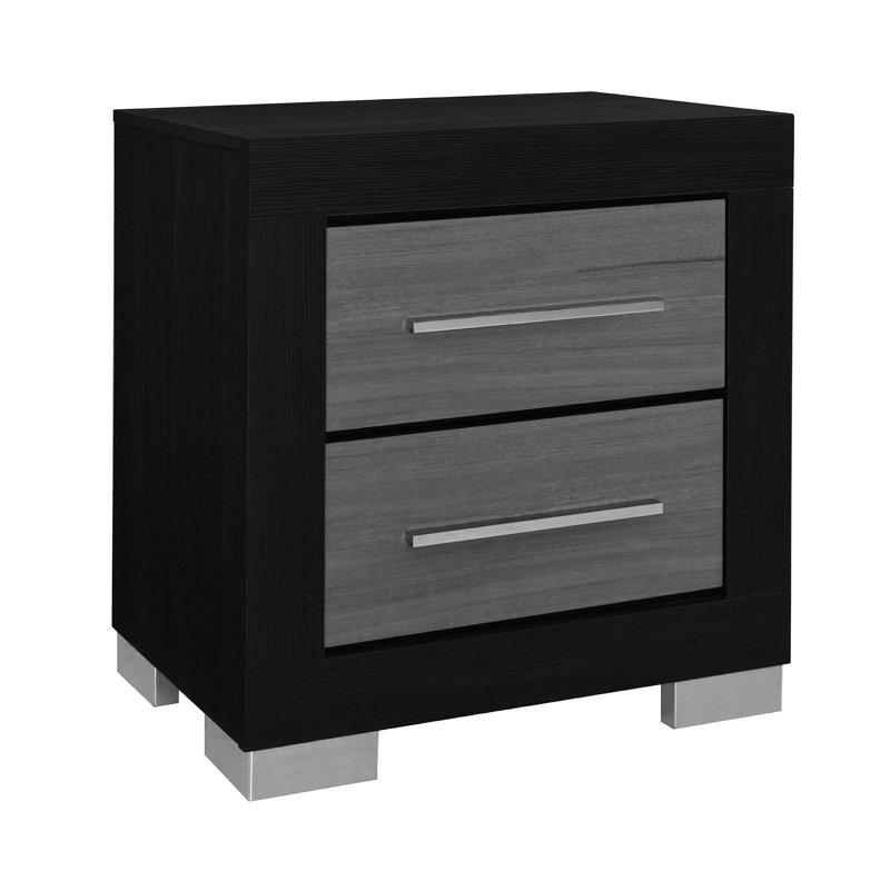 Table de chevet carrée en bois d'hévéa noir avec deux tiroirs spacieux, poignées de bar, pieds blocs, joints, style transitionnel pour la chambre à coucher, style